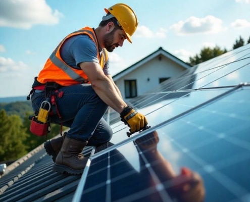 Installateur de panneaux photovoltaïques fixant un panneau solaire sur le toit d'une maison moderne, illustrant l'assurance décennale pour installateur de panneaux photovoltaïques.